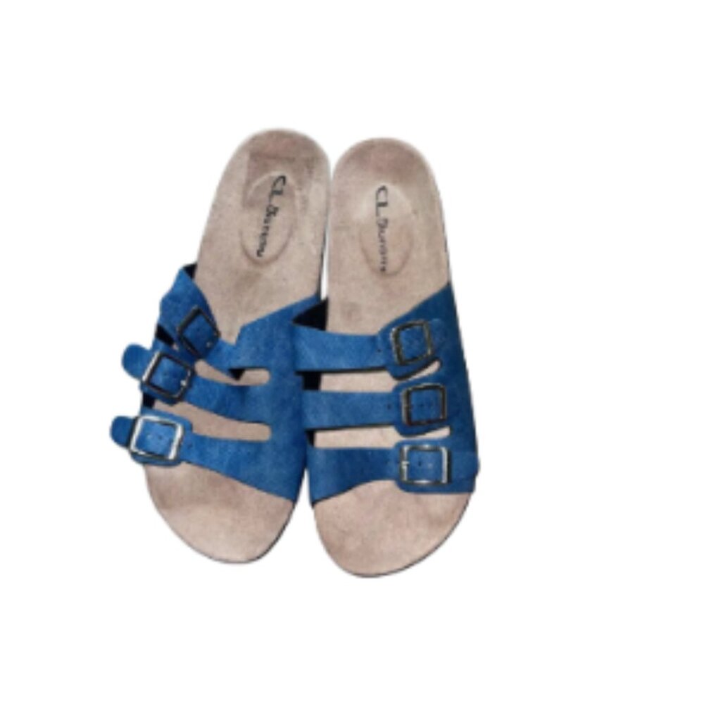 C.L. Barreau Blue Suede-Look Triple Strap Slide Sandals